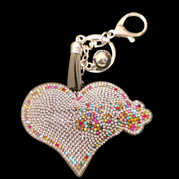 Sparkling Paw Heart Rhinestone Bag Charm / Keychain with Tassel - Picture 1 of 3